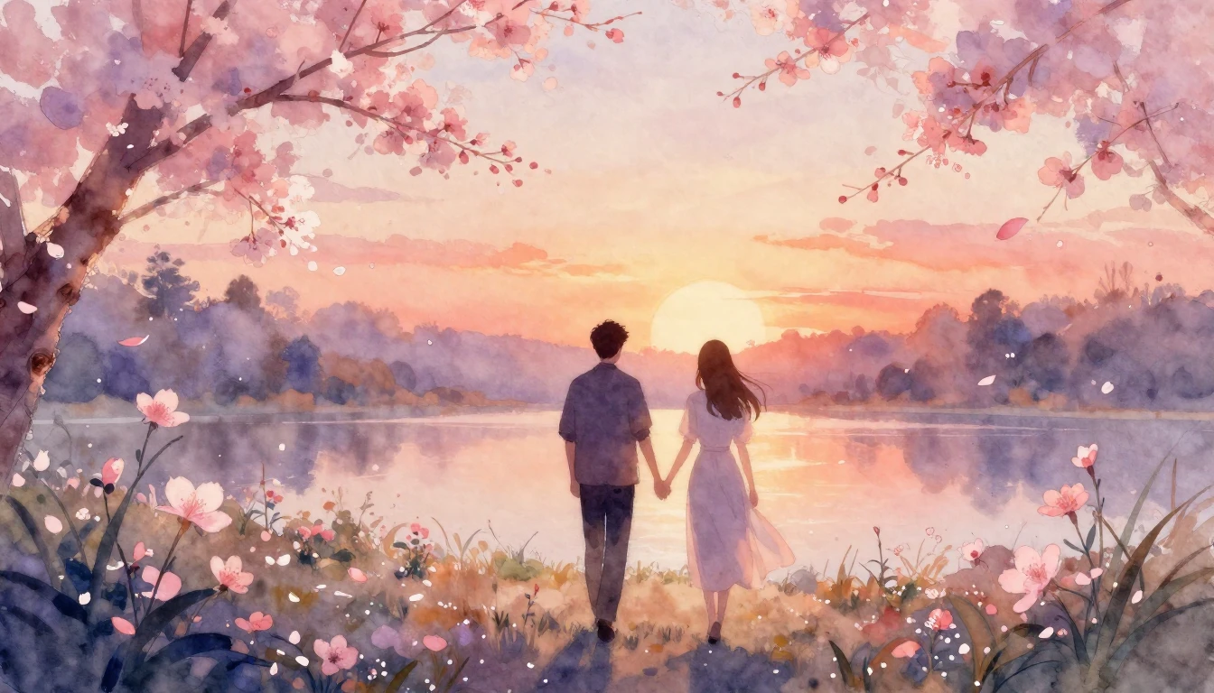 A soft watercolor painting of two silhouettes walking hand-i...