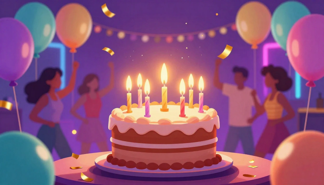 A vibrant and colorful digital illustration of a birthday ce...