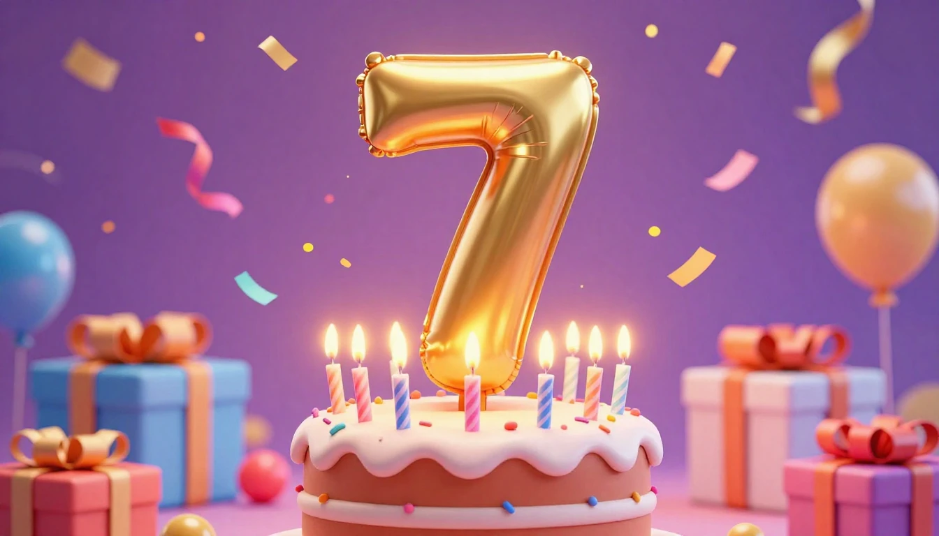 A vibrant and festive 3D scene celebrating a 7th birthday. I...