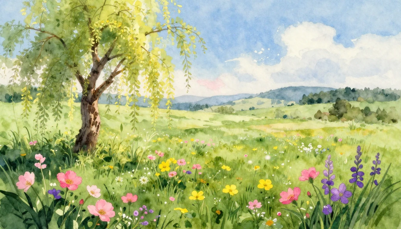 A breathtaking watercolor painting of a lush green meadow du...