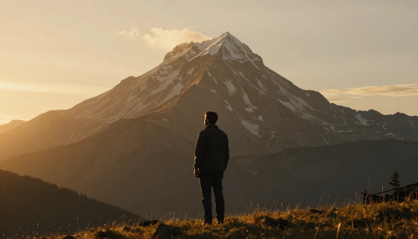 A cinematic shot of a majestic mountain peak bathed in the w...