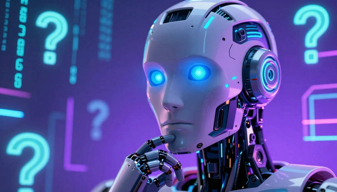 Close-up of a futuristic robot face with glowing blue eyes, ...