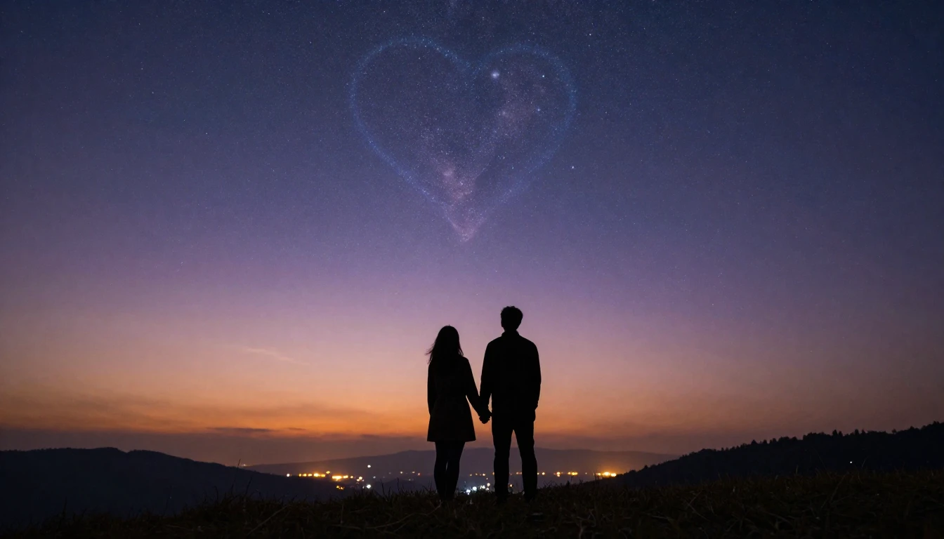 A cinematic wide shot of a silhouette of a couple holding ha...