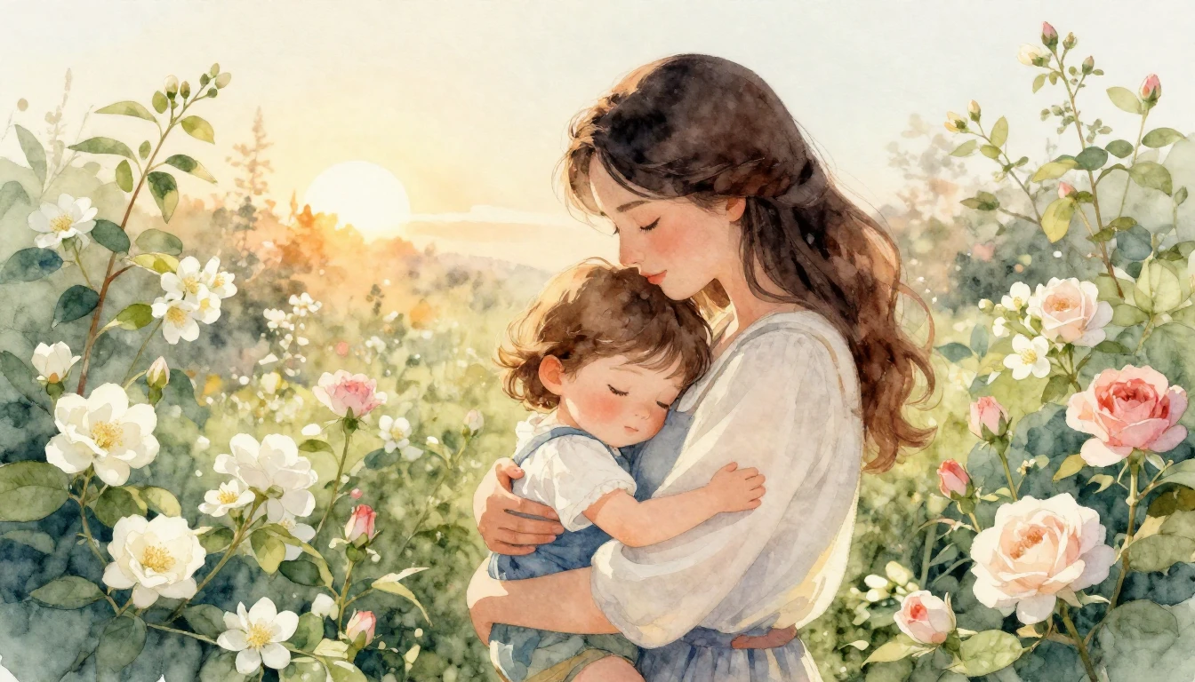 A heartwarming and tender watercolor illustration of a mothe...