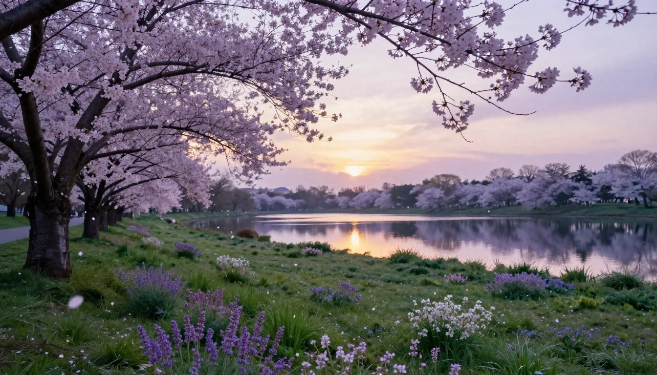 A serene landscape during a spring evening at dusk. The scen...