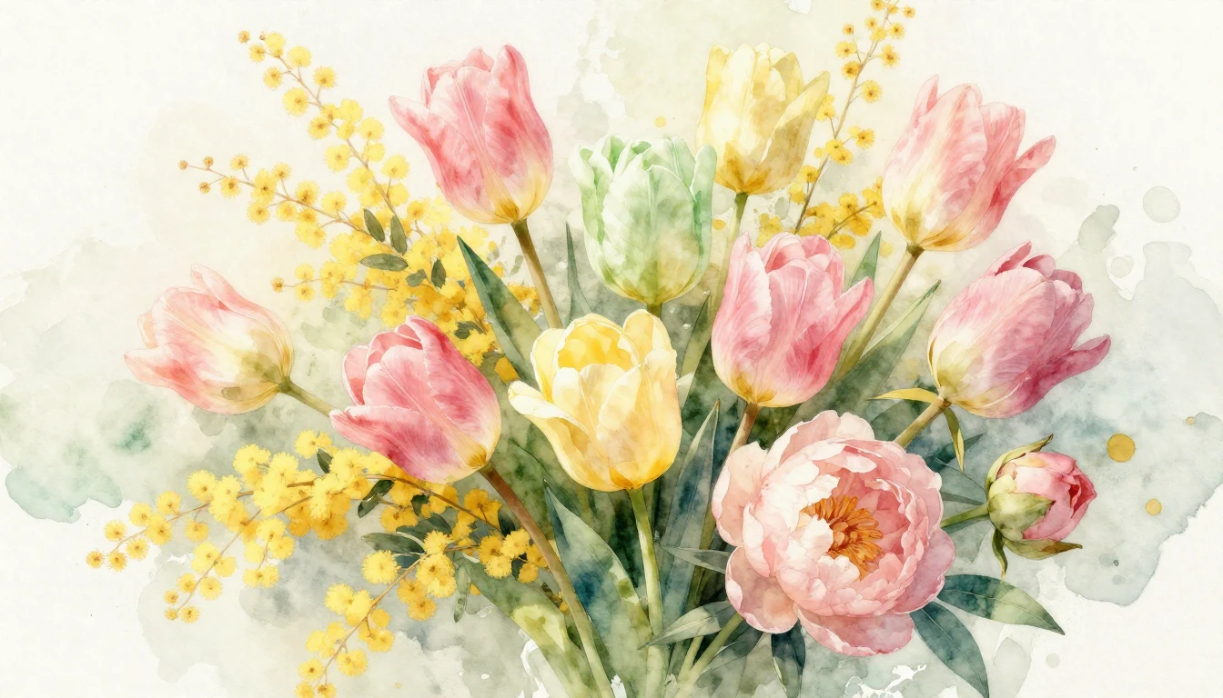A beautiful watercolor painting of a lush bouquet of spring ...