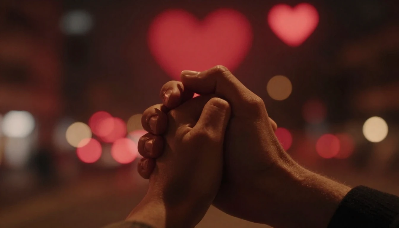 A cinematic close-up shot of two hands holding each other ti...