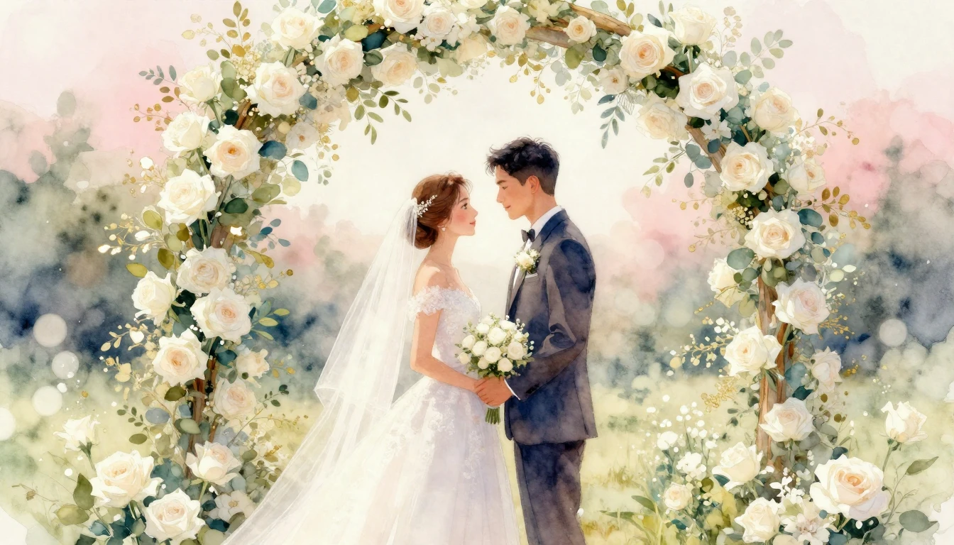 A romantic watercolor painting of a bride and groom standing...