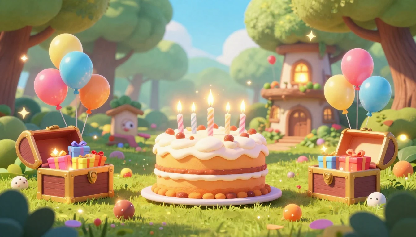 A vibrant and colorful 3D render of a magical birthday party...