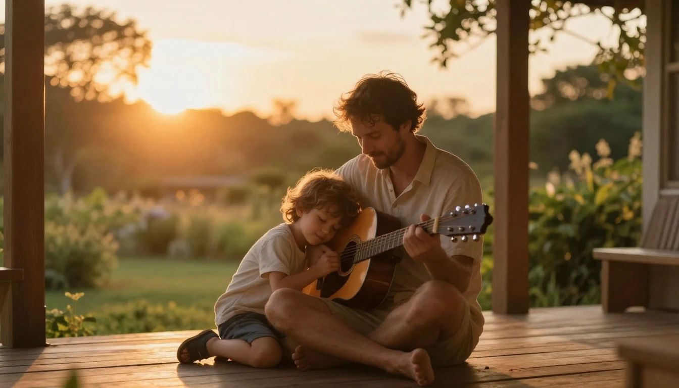 A heartwarming scene of a father and a small child sitting o...