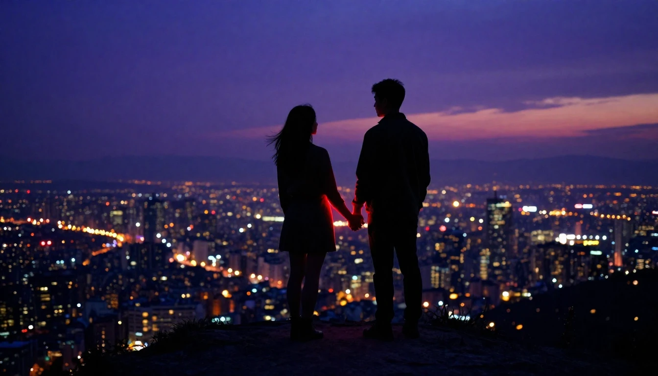 A romantic cinematic shot of a couple standing on a cliff ed...