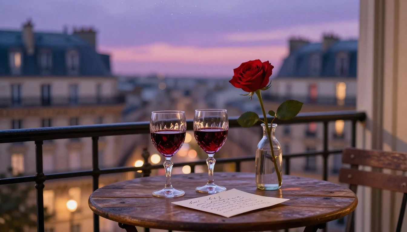 A highly romantic and intimate scene set on a small balcony ...