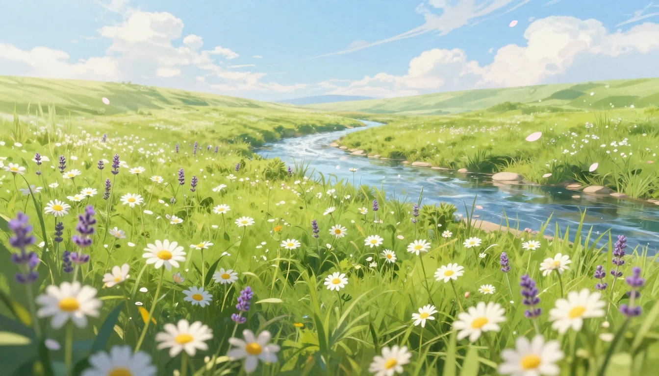 A serene landscape featuring a lush green meadow filled with...