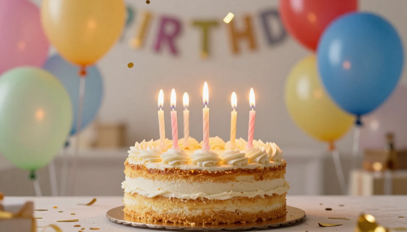 A bright and festive birthday celebration scene, a delicious...