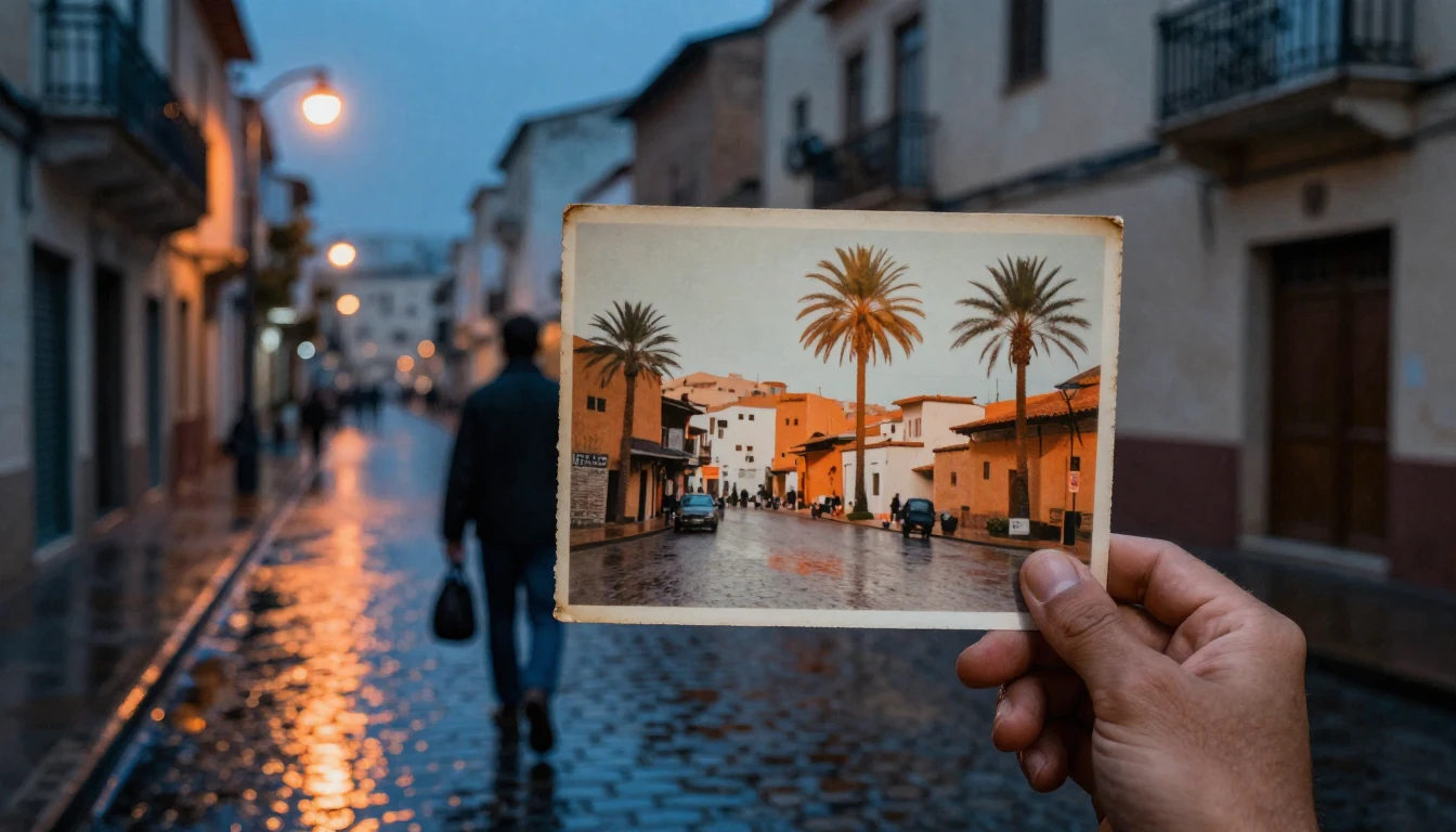 A solitary man walking down a rainy, cobblestone street in a...