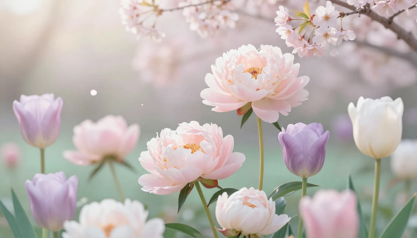 A delicate and airy scene featuring a variety of blooming sp...