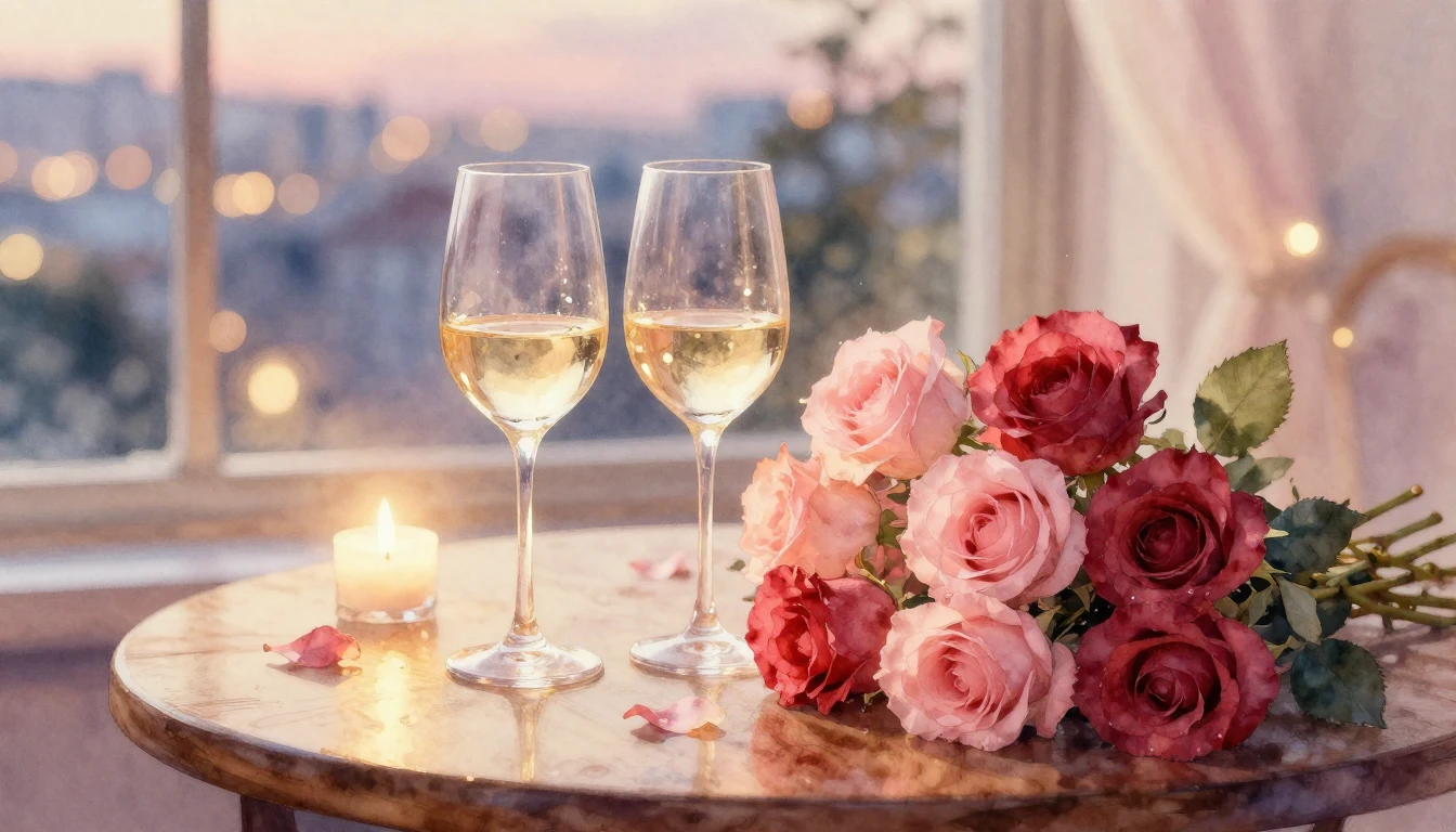 A delicate watercolor painting of two elegant wine glasses s...