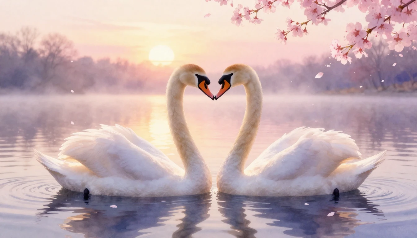 A dreamy watercolor painting of two elegant swans forming a ...