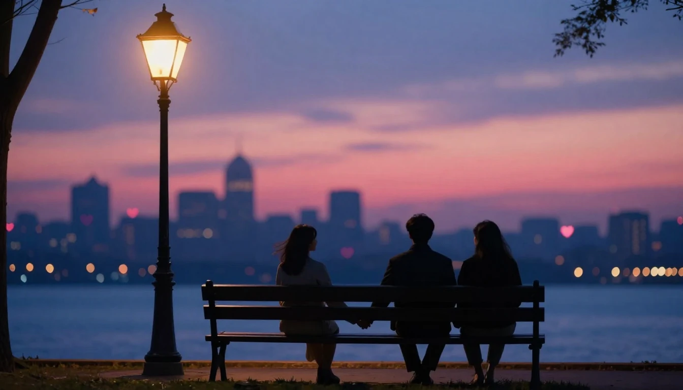 A romantic and dreamy scene depicting two silhouettes holdin...