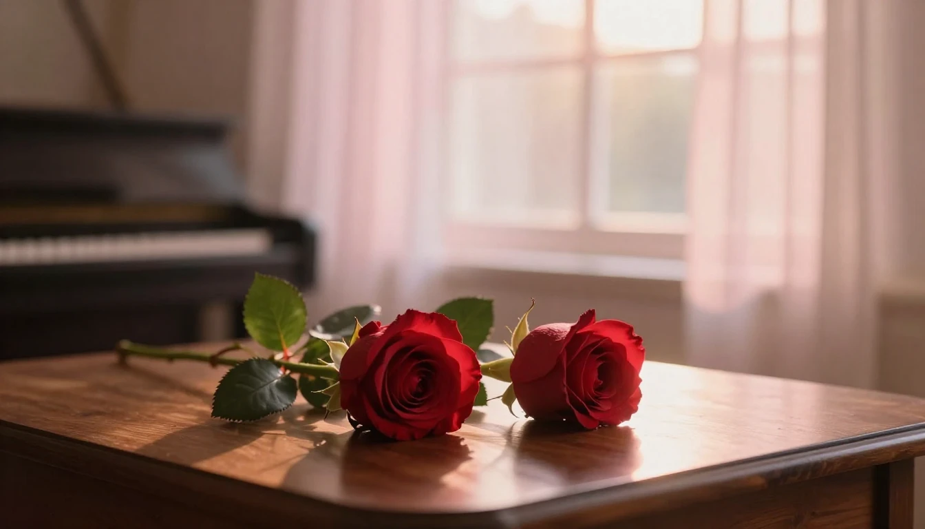 A dreamy and ethereal scene featuring two delicate red roses...
