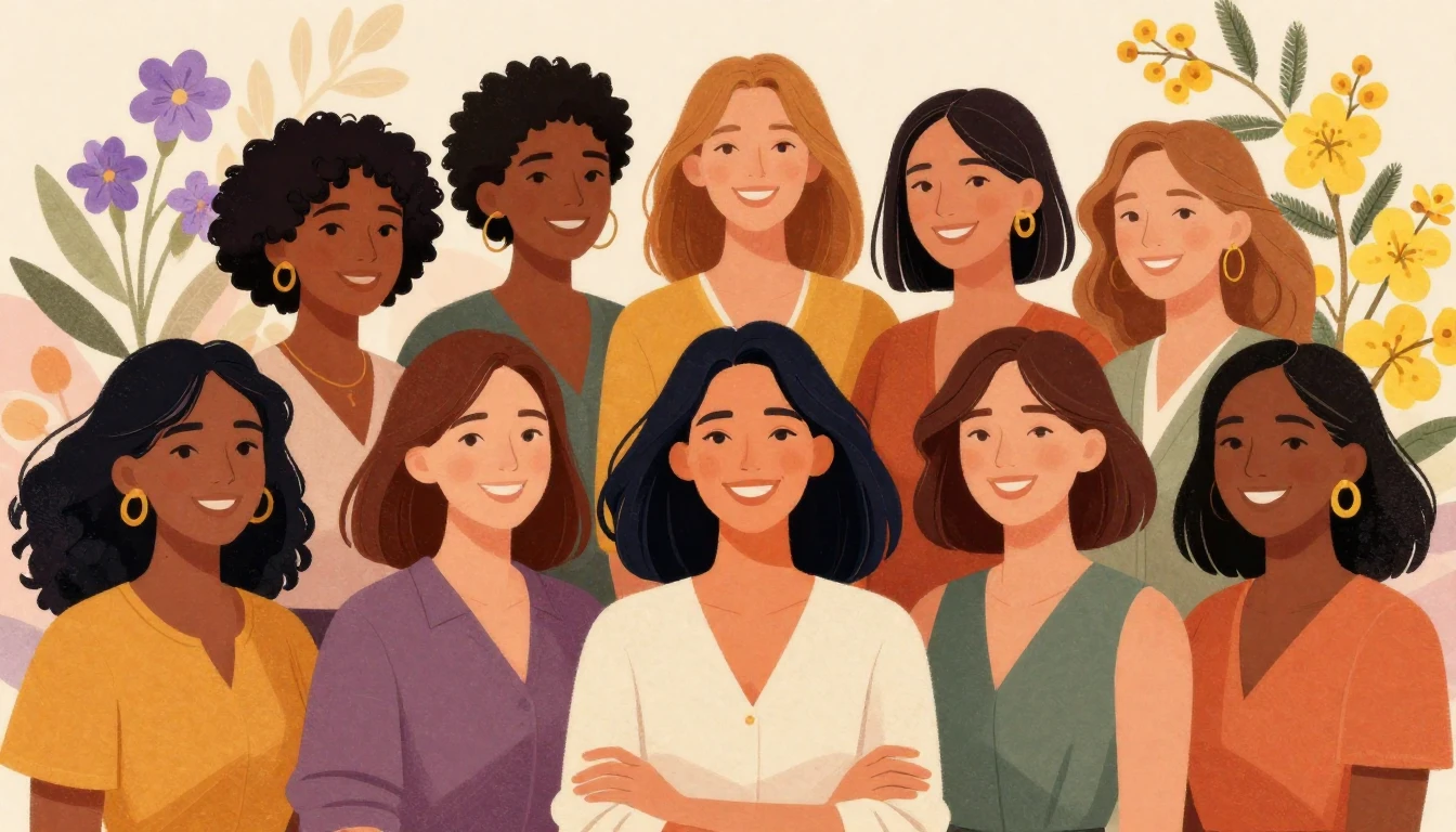 A vibrant and empowering illustration featuring a diverse gr...