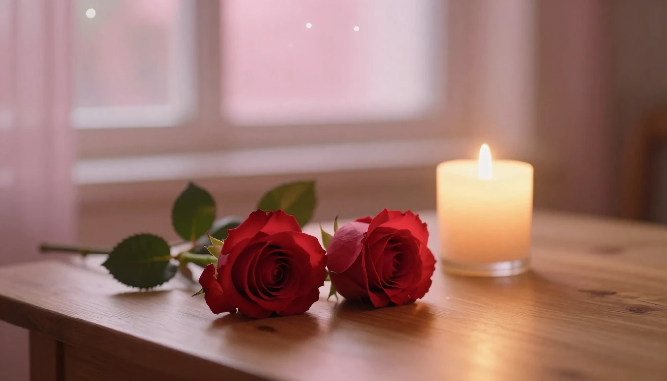 A soft and ethereal scene featuring two delicate red roses r...