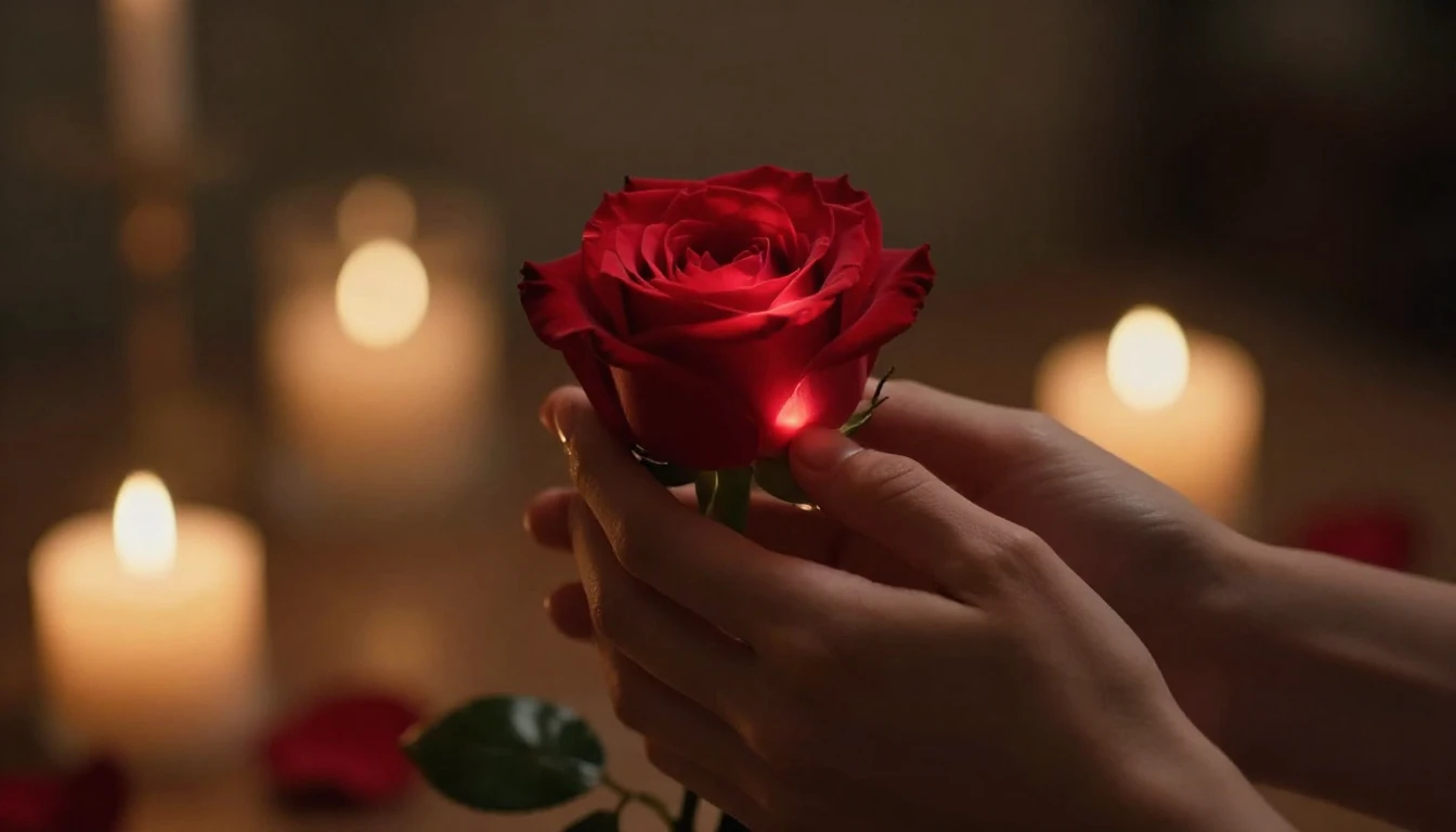 A cinematic and romantic close-up shot of two hands gently h...