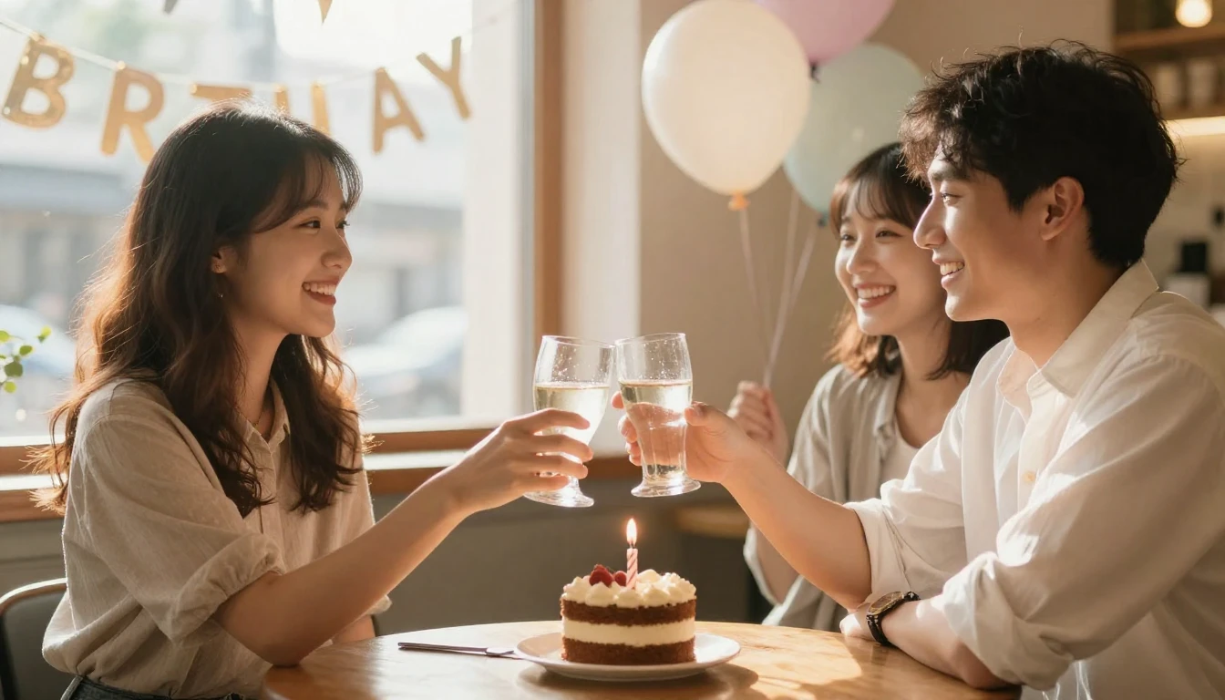 A warm and cheerful scene of two friends clinking glasses in...