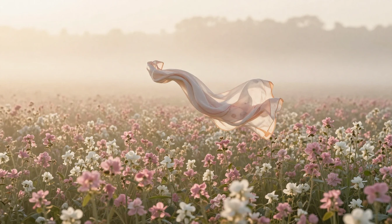 A breathtaking field of soft pink and white spring flowers s...