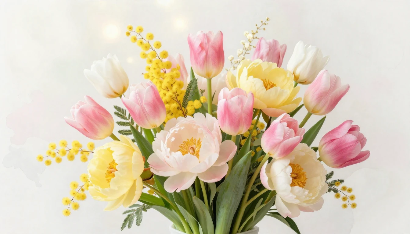 A beautiful bouquet of blooming spring flowers including tul...
