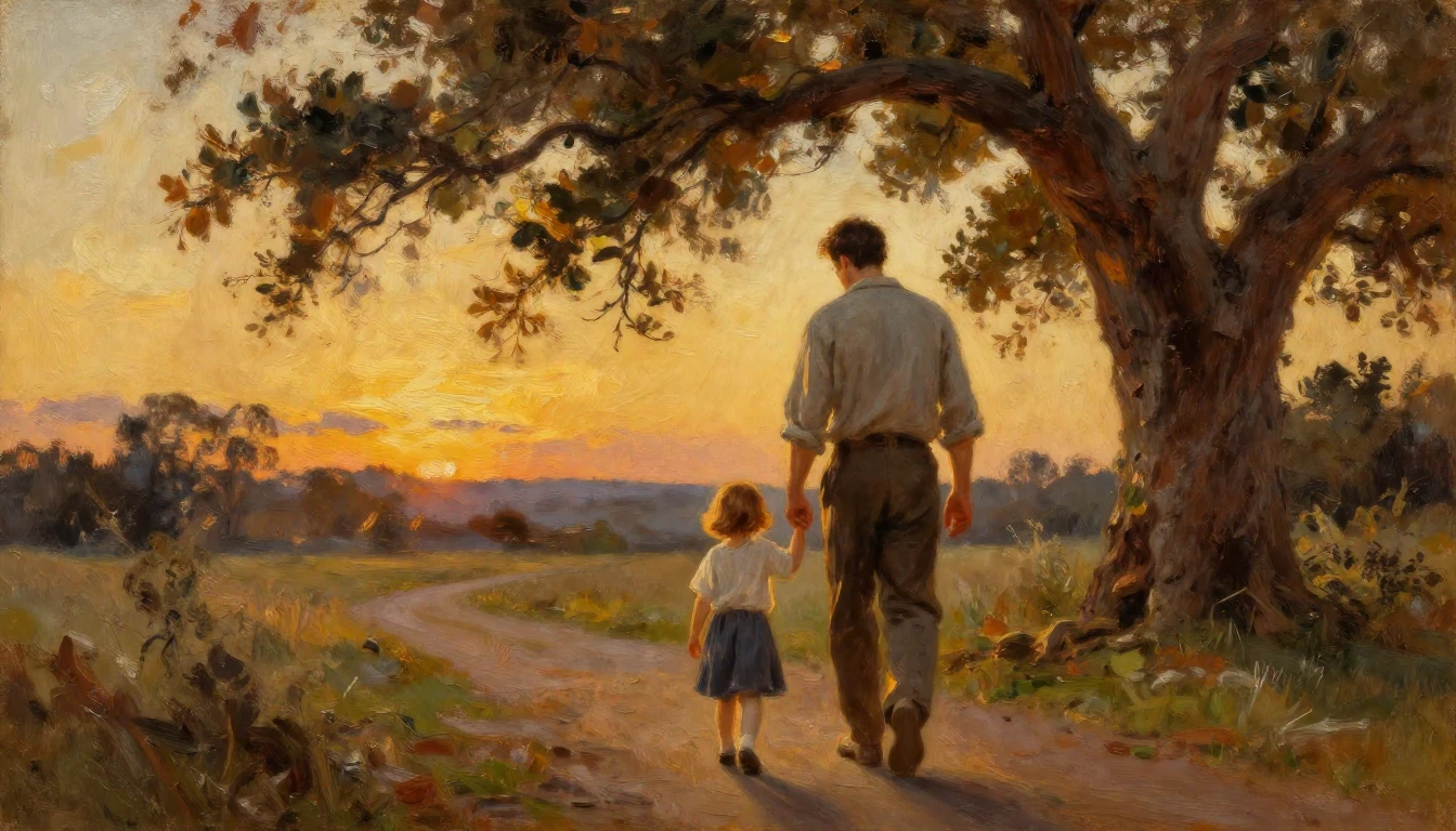 A heartwarming oil painting of a father and a child walking ...