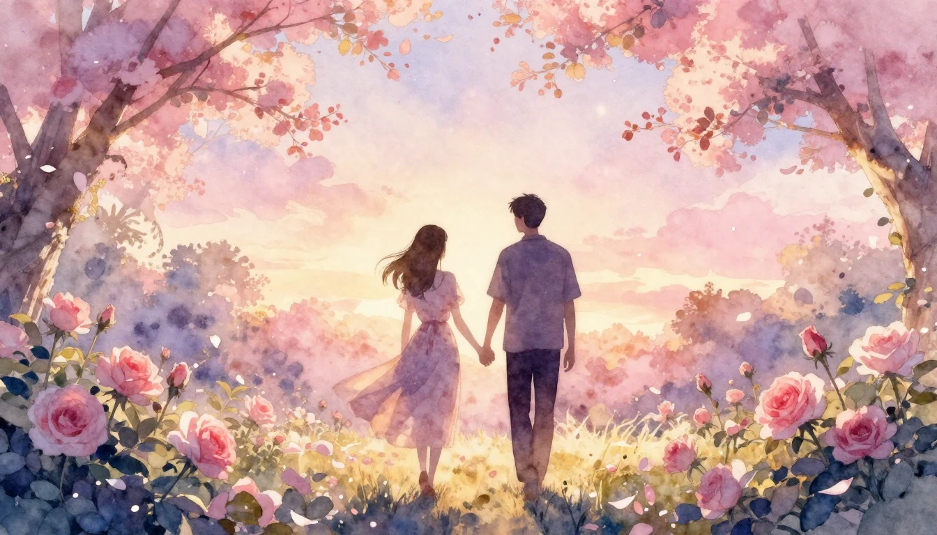 A beautiful watercolor painting of two silhouettes walking h...