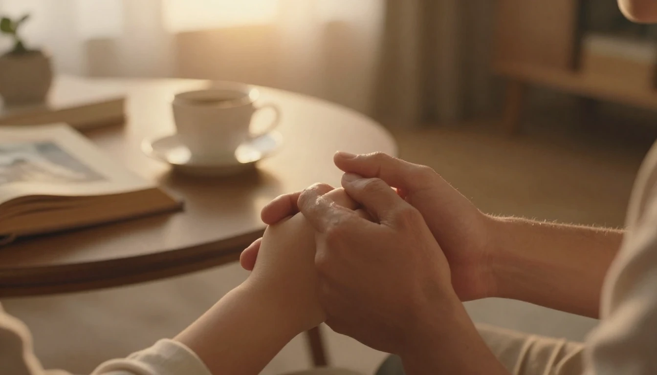 A heartwarming scene of a father's hand gently holding a chi...