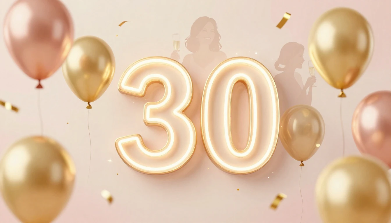 A festive and elegant birthday album cover design for a 30th...