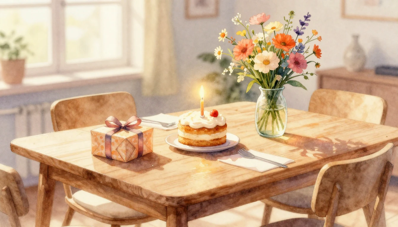 A beautiful watercolor painting of a cozy wooden table set f...