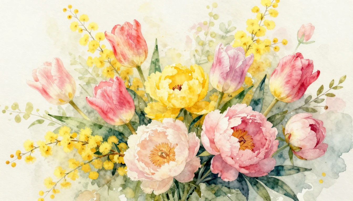 A beautiful and vibrant watercolor painting of a lush bouque...
