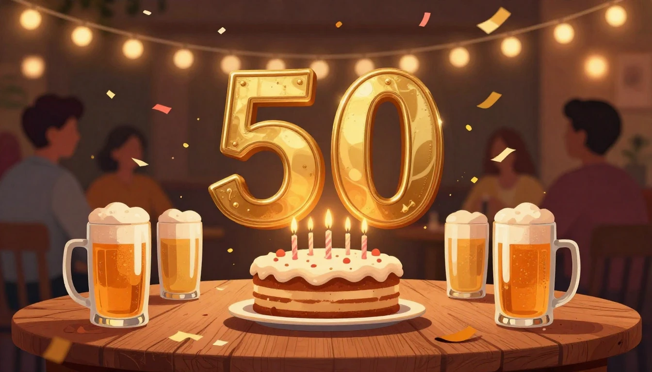 A warm and festive illustration celebrating a 50th birthday....