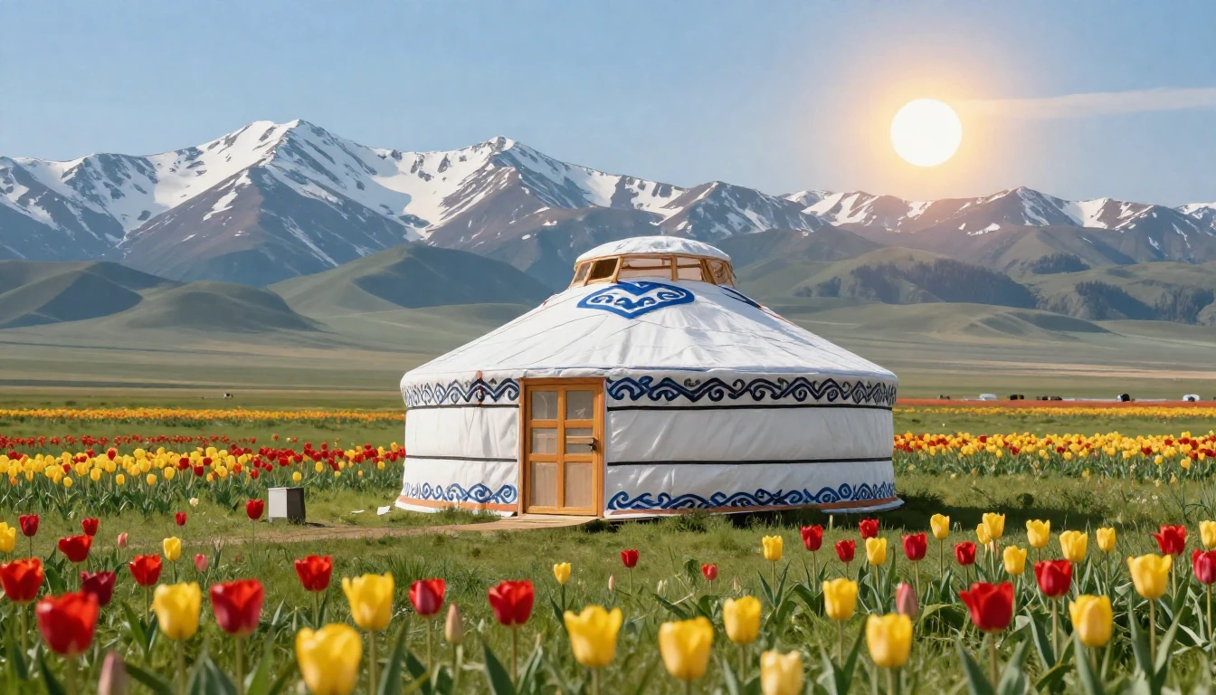 A vibrant scene of the Kazakh steppe during the spring equin...