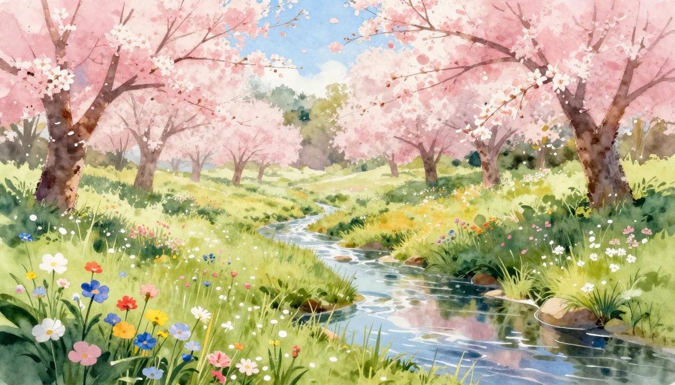 A beautiful watercolor painting of a lush spring meadow fill...