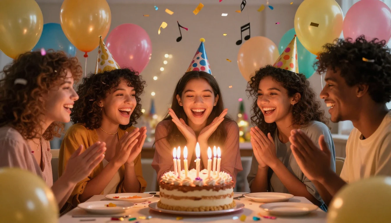 A vibrant and colorful birthday celebration scene, focusing ...
