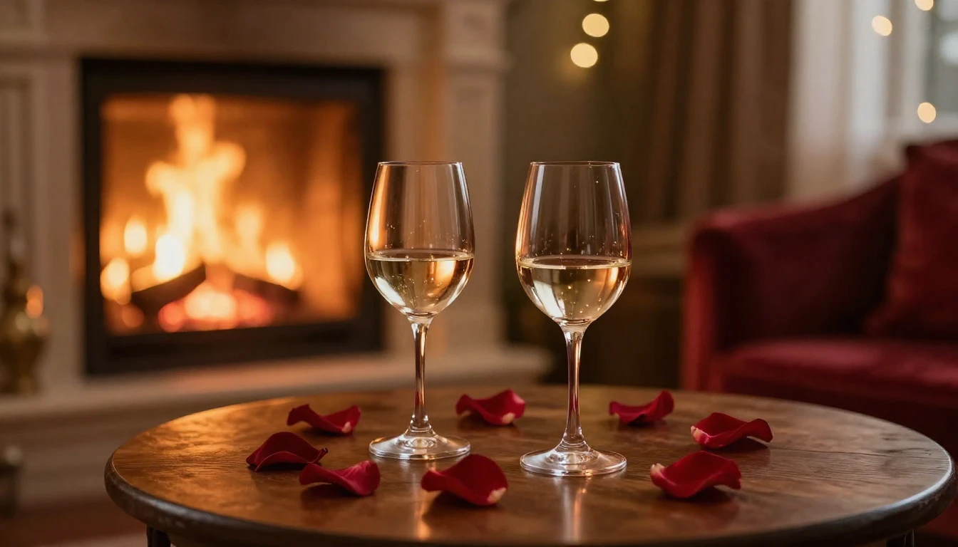 A serene and romantic scene featuring two elegant glasses on...