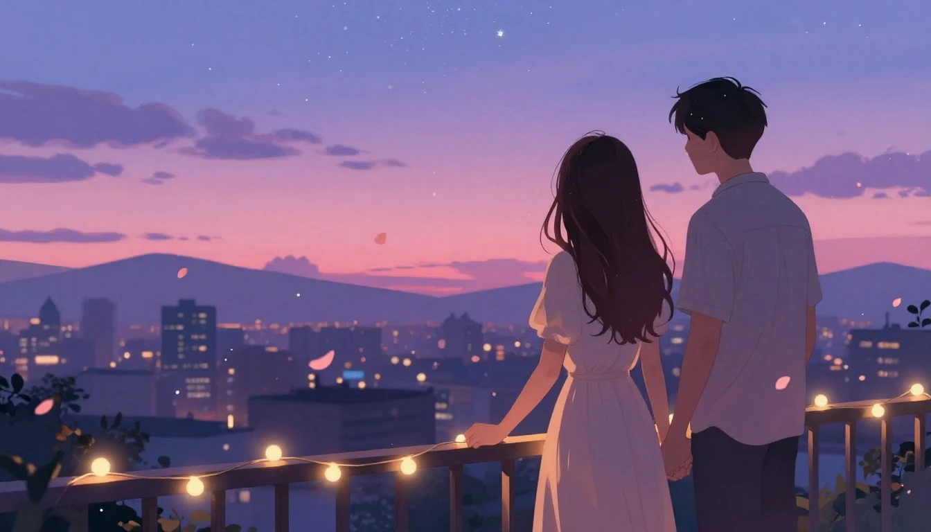 A romantic illustration of a couple holding hands on a balco...