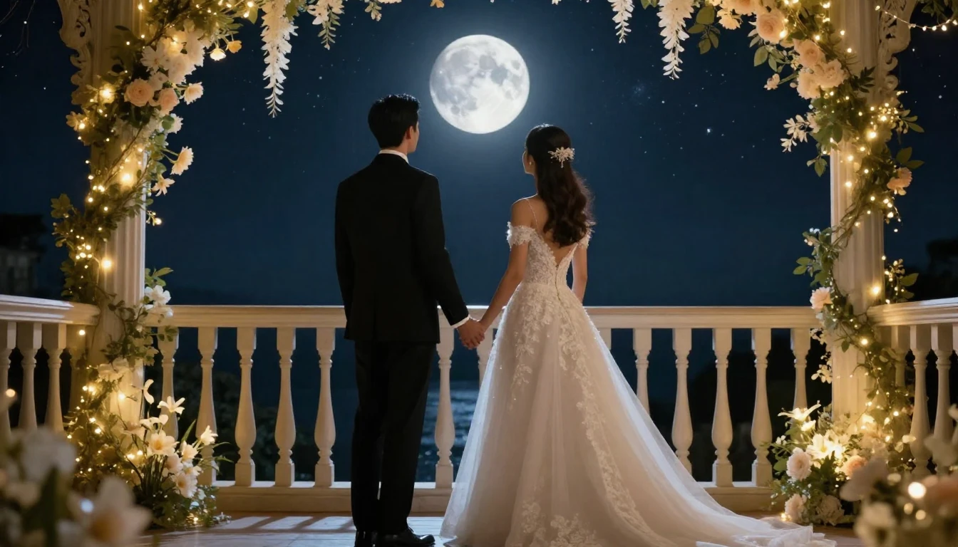 A cinematic shot of a bride and groom holding hands, standin...