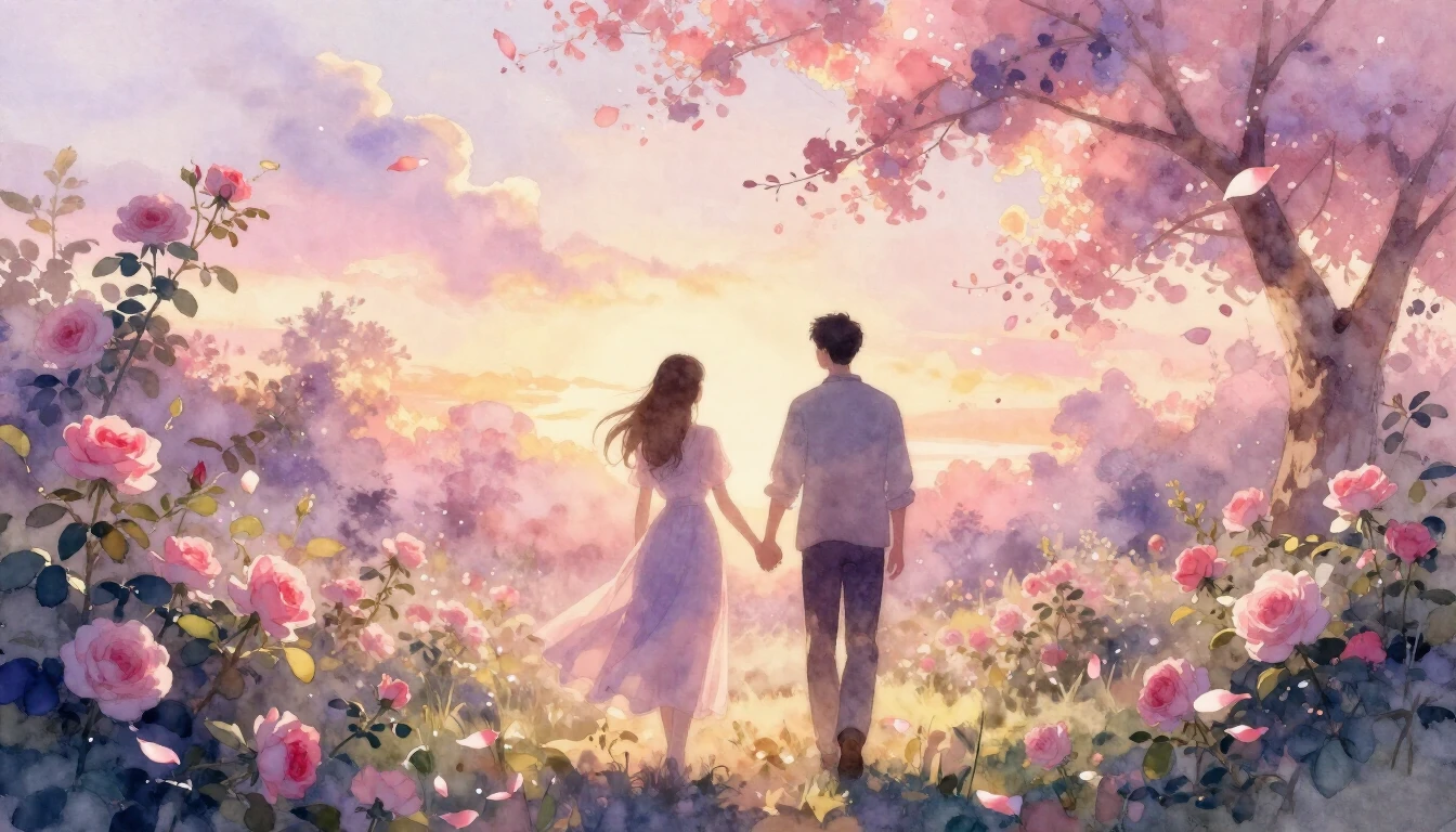 A beautiful and ethereal watercolor painting of two silhouet...