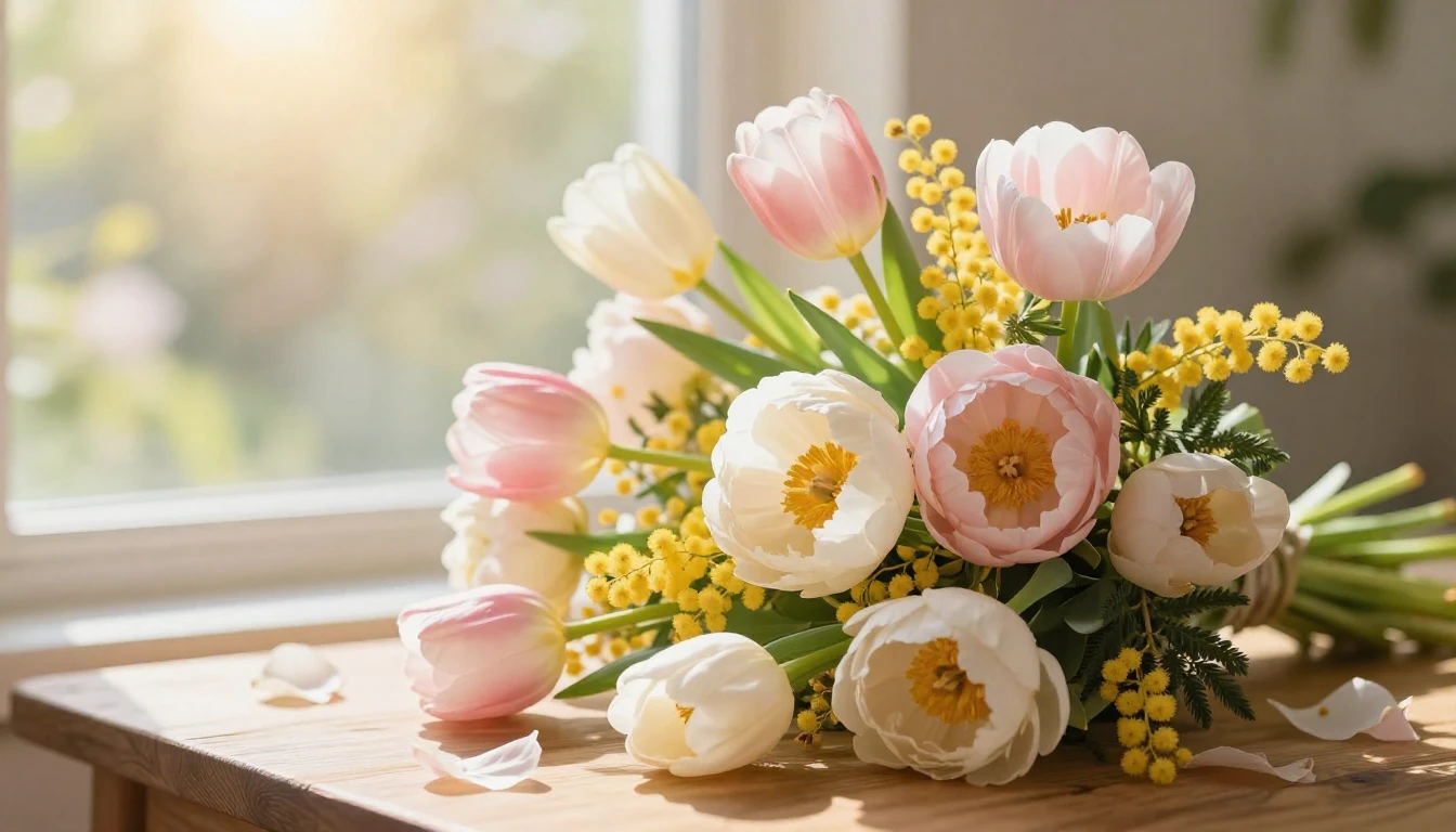 A beautiful bouquet of spring flowers including tulips, mimo...