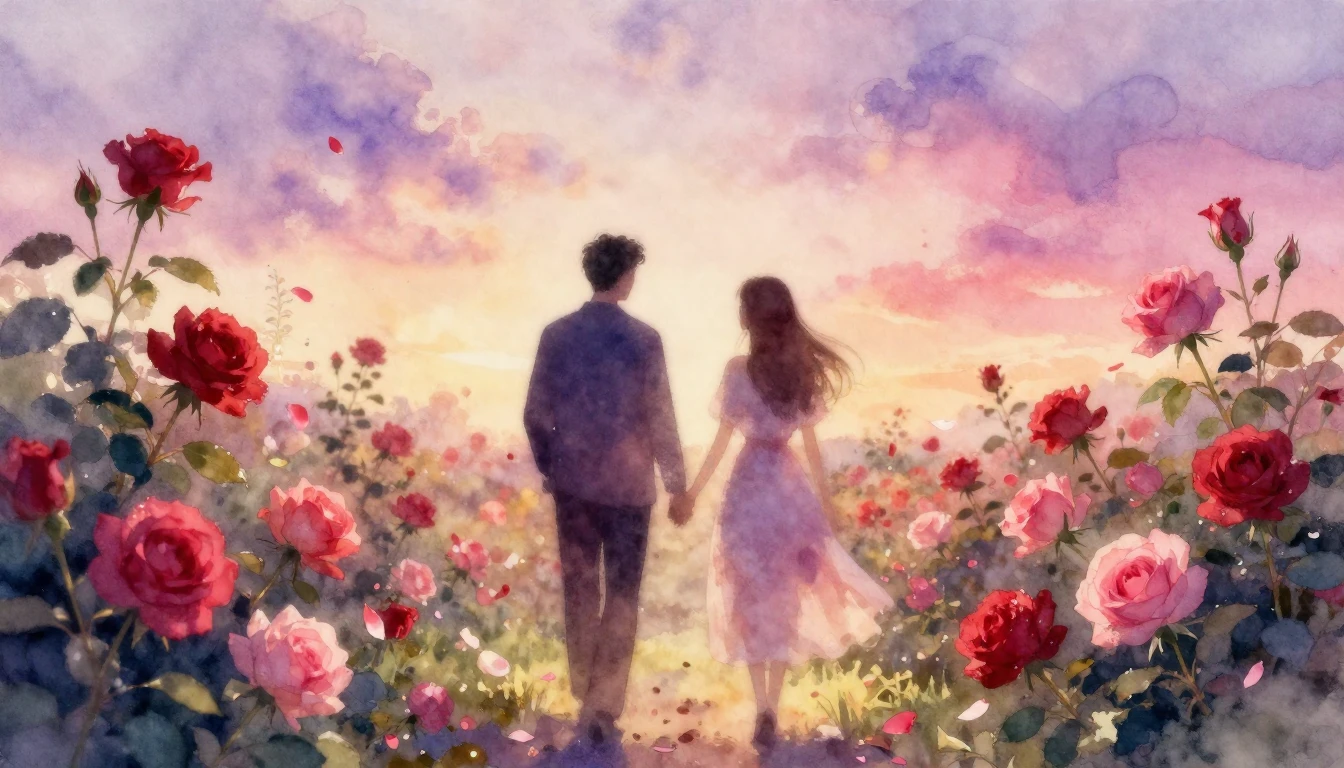 A delicate watercolor painting of two silhouettes walking th...