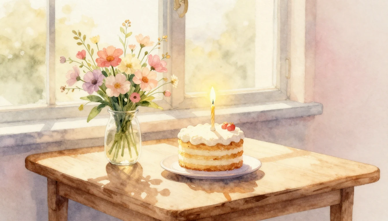 A beautiful watercolor painting of a cozy celebratory scene....