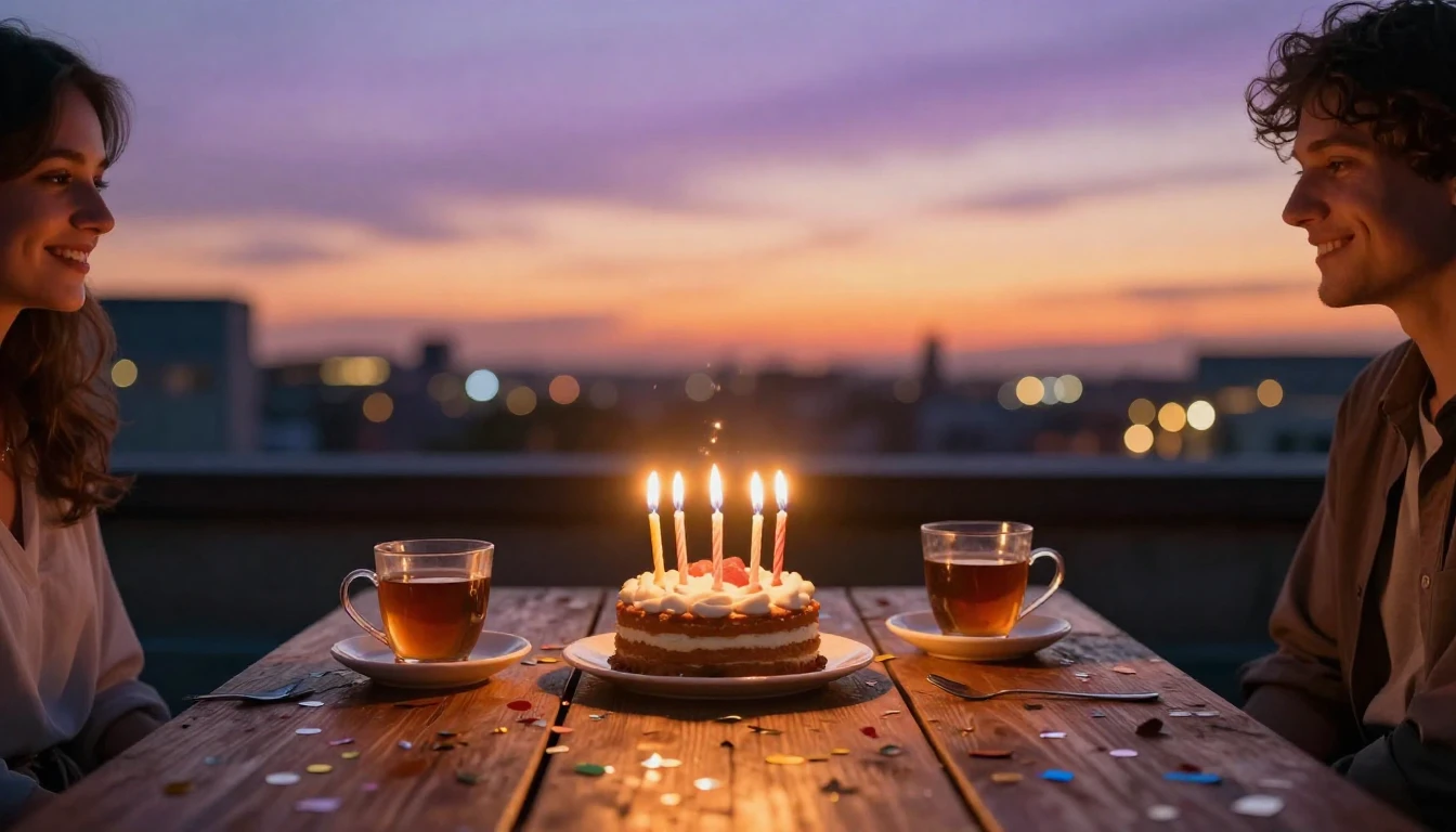A warm and inviting birthday celebration setting on a roofto...