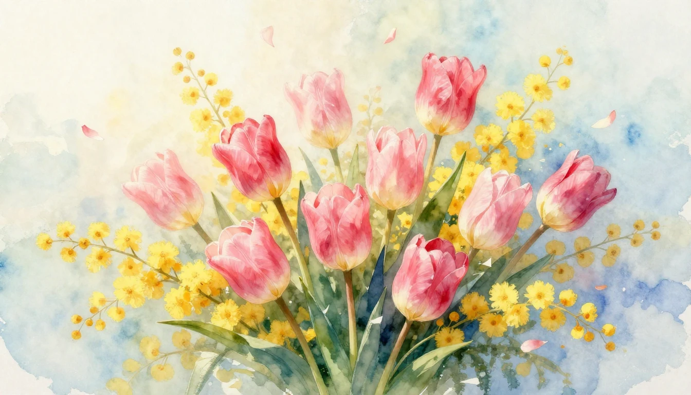 A beautiful watercolor painting of a vibrant bouquet of spri...