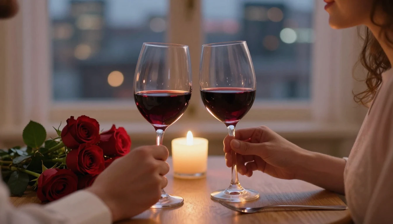 A romantic close-up scene of a Valentine's Day dinner for tw...